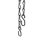 Black S-hooks attached to and hanging from short lengths of metal chain against a white background.