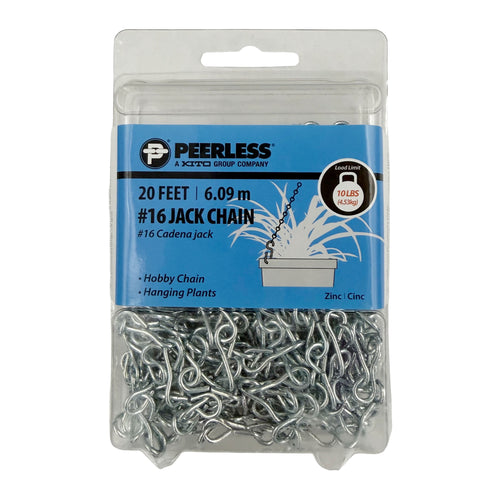 Retail clamshell package of Peerless #16 zinc-plated jack chain with blue label and visible coiled chain