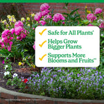 Garden bed with mixed blooming flowers and a callout box listing benefits like ‘Safe for All Plants’