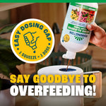 Hand pouring Pennington bottle into a dosing cap with a graphic callout for the easy dosing cap