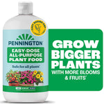 Pennington Easy-Dose all-purpose plant food bottle with label showing flowers and bold green text