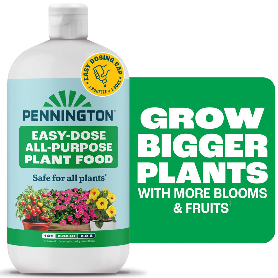 Pennington Easy-Dose all-purpose plant food bottle with label showing flowers and bold green text