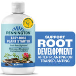 Front label of a Pennington Easy-Dose Plant Starter bottle showing dosing cap and plant images