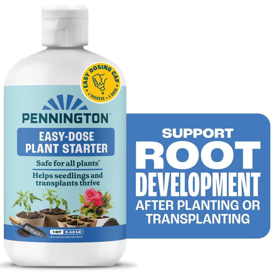 Front label of a Pennington Easy-Dose Plant Starter bottle showing dosing cap and plant images