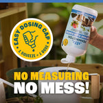 Hand pouring Pennington Easy-Dose bottle into a watering can with badge highlighting easy dosing cap and no measuring