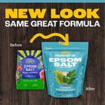 Before-and-after marketing graphic showing old and new Pennington Epsom Salt packaging with 'new look' headline