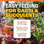 Table of feeding amounts overlaid on a background of small terracotta pots and assorted succulents with headline easy feeding