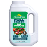 White jug of Pennington Full Season All Purpose plant food with handle and green product label.