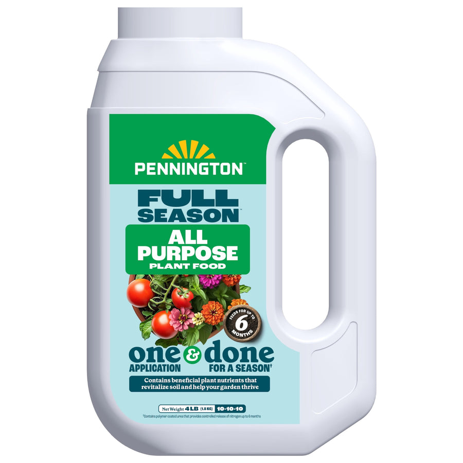 White jug of Pennington Full Season All Purpose plant food with handle and green product label.