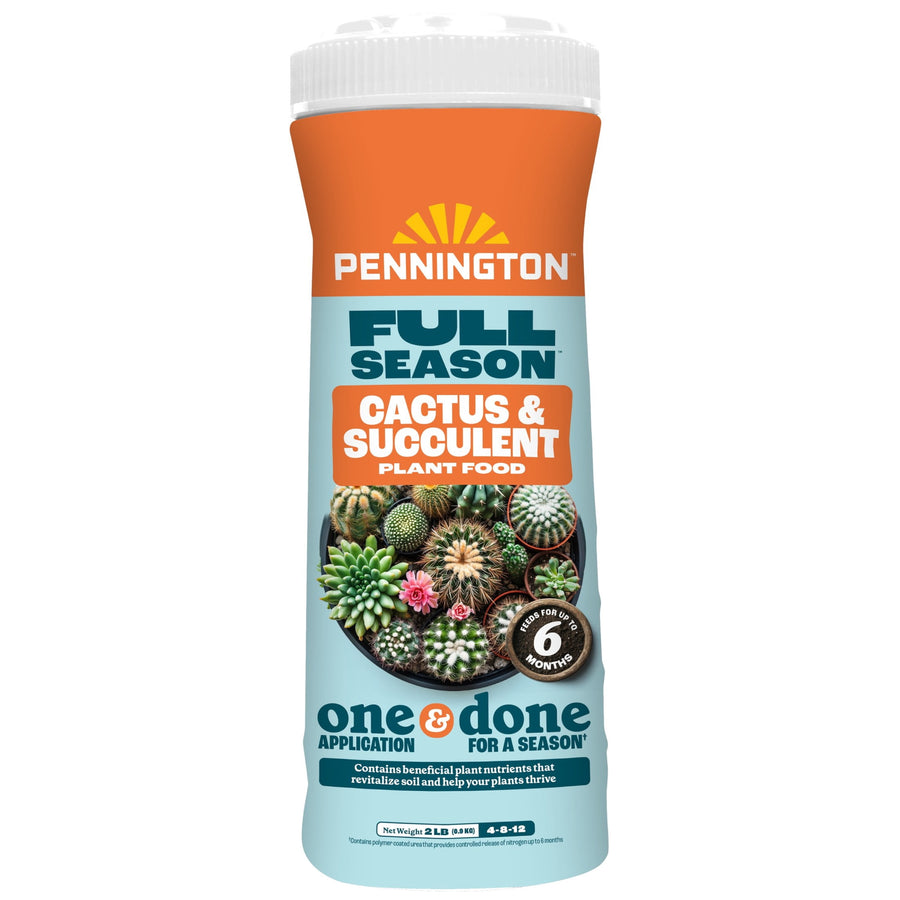 Single Pennington Full Season Cactus & Succulent one-and-done plant food bottle with label showing succulents