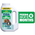 White Pennington Full Season all purpose plant food shaker bottle label showing 6 months feeding claim