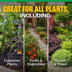 'Great for all plants, including' triptych showing container plants, fruits & vegetables, and shrubs & trees