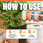 Hand holding a Pennington Full Season bottle over a potted plant with step icons showing shake, mix into soil, and water