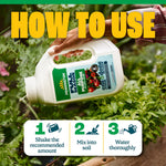 Hand holding Pennington Full Season bottle over plants with step-by-step usage icons for shaking, mixing, and watering