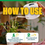 Watering can pouring liquid onto a houseplant with overlay instructions titled ‘How to Use’