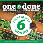 'One & done application for a season' graphic with top-down view of raised garden beds and 'feeds for up to 6 months' badge