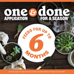 Top-down styling of potted succulents and gardening tools surrounding a circular badge that says feeds for up to 6 months