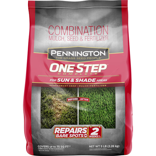 Front of a red and gray Pennington One Step lawn repair bag showing before and after grass photo and product branding.