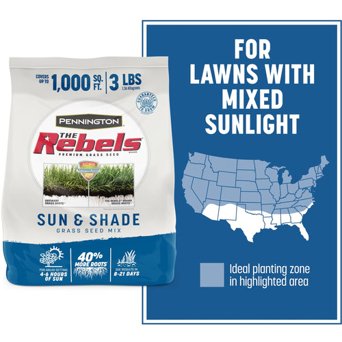Bag-style product package of Pennington The Rebels Sun & Shade grass seed with planting zone map graphic