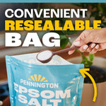 Resealable Pennington Epsom Salt bag shown open with spoon of white salt and text highlighting resealable bag
