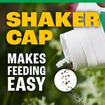 Close-up of Pennington shaker cap dispensing granular plant food with caption 'Shaker cap makes feeding easy'