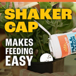 Close-up of a Pennington shaker cap dispensing granules into a potted succulent with large text highlighting the shaker cap
