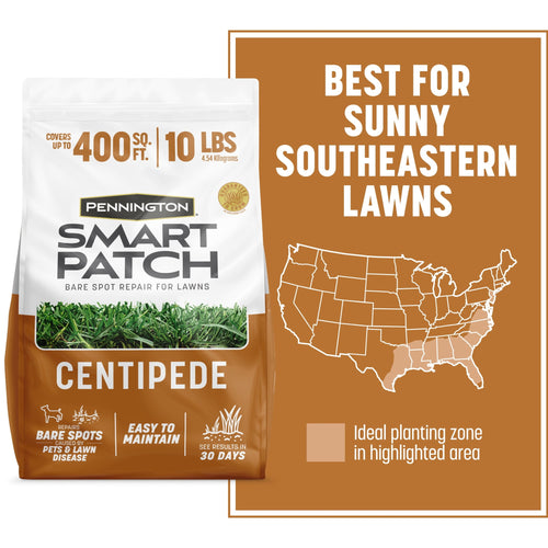 Packaged Pennington Smart Patch Centipede lawn repair bag with map showing ideal southeastern planting zone.
