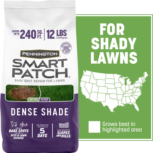 Pennington Smart Patch Dense Shade lawn repair bag showing brand, product name, coverage and 'For Shady Lawns' panel with US map.