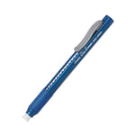 Close-up of a single blue Pentel Clic Eraser grip barrel with gray clip and white eraser