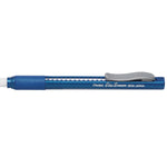 Horizontal view of a blue Pentel Clic Eraser grip showing gray clip, ribbed grip and white eraser