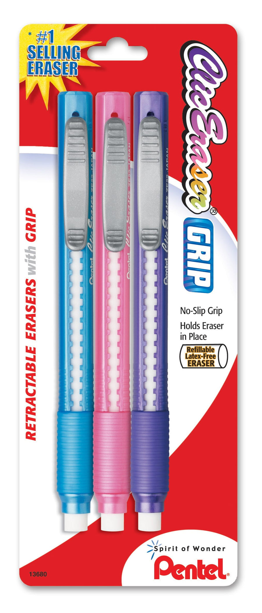 Close-up of three Pentel Clic Eraser Grip retractable erasers in blue, pink, and purple fashion barrels on retail backing.