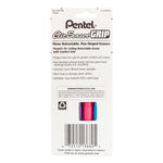 Back of Pentel Clic Eraser Grip retail card showing product text, barcode and small window revealing colored eraser barrels.