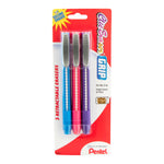 Retail blister pack of three Pentel Clic Eraser Grip retractable erasers in blue, pink, and purple on red and white card.