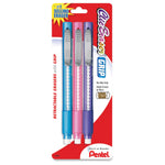 Packaged Pentel Clic Eraser Grip three-pack showing blue, pink, and purple retractable erasers on red and white card.