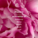 Close-up macro image of a pink peony bloom with overlay text listing fragrance notes: buttercup, melon, amber, musk.