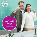 Lifestyle image of two people brushing teeth at a sink with a callout about a non-slip grip on the toothbrush