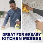 Split image showing a person wiping a countertop and another wiping a backsplash while holding a Mr. Clean Clean Freak lemon zest spray bottle.