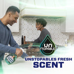 Smiling people cleaning in a kitchen with a large Unstopables logo and text about fresh scent