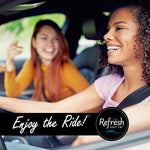 Two smiling people in a car with a black banner reading Enjoy the Ride and Refresh your car logo overlay