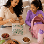 Two people packing a sandwich into a Lunchskins compostable sandwich bag at a table with snacks and a pink backpack nearby.