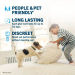 Child and small dog playing on a bed alongside text calling the product people and pet friendly and long lasting