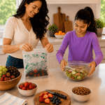 Two people in a kitchen using Lunchskins products: one filling a compostable printed storage bag, one covering a bowl with wrap