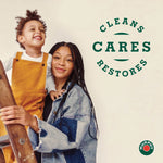 Smiling adult and child posed together with Murphy circular badge and text ‘Cleans Cares Restores’