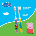 Promotional graphic with two Peppa Pig toothbrushes on green and blue background with text 'super soft bristles'.