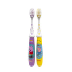 Pair of Peppa Pig children’s toothbrushes on white background showing purple and yellow decorated handles and bristles.
