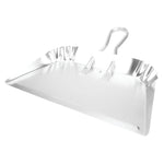 Silver aluminum dustpan photographed at an angle showing scooping edge and looped handle, studio white background.