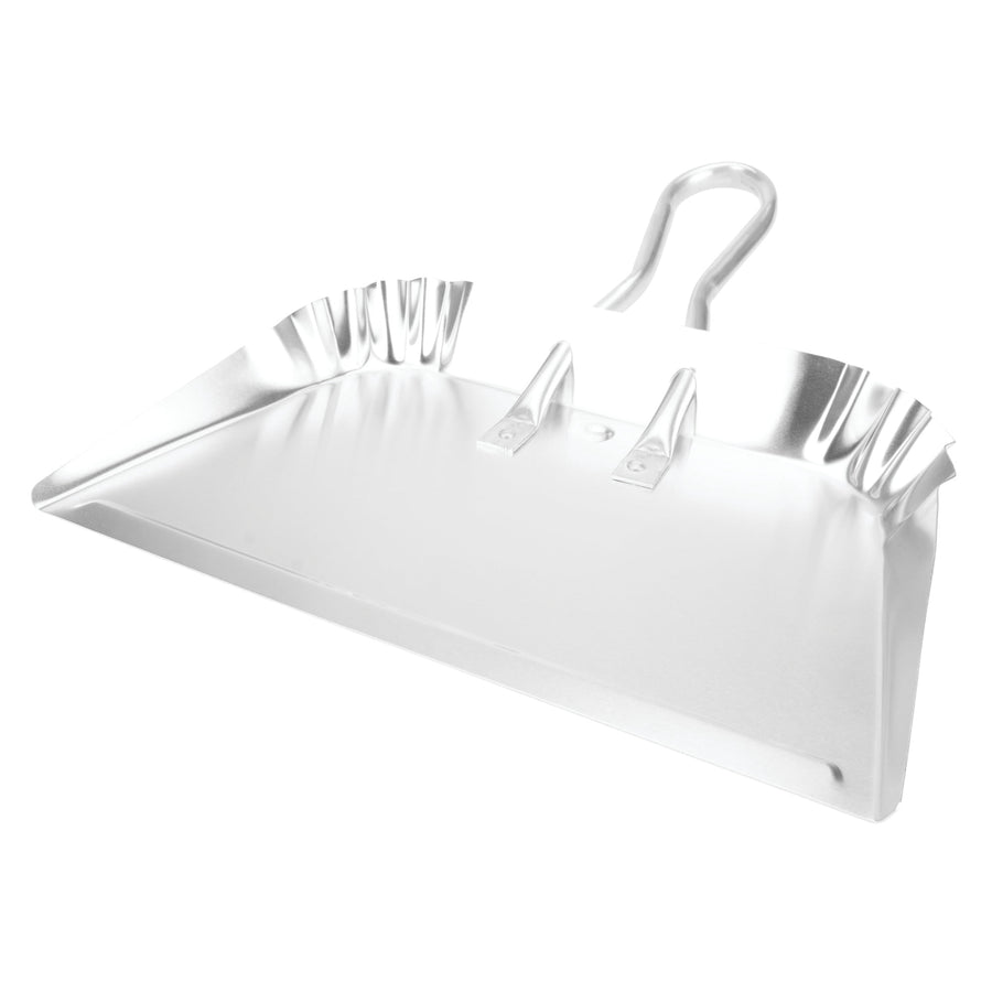 Silver aluminum dustpan photographed at an angle showing scooping edge and looped handle, studio white background.