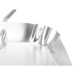Close-up of the dustpan's crimped side edge and inner pan surface highlighting the folded metal construction.