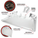 Aluminum dustpan with infographic callouts highlighting features like looped handle, double rivets and low profile.