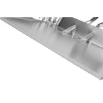 Close-up detail of the dustpan's front lip and riveted mounting tabs on a smooth aluminum surface.